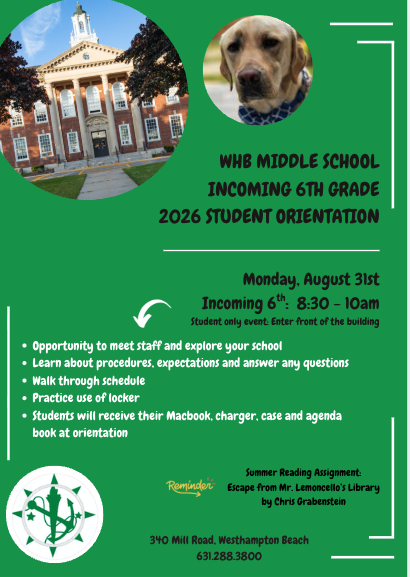 6th Grade Orientation - Monday 8/31 8:30 - 10am