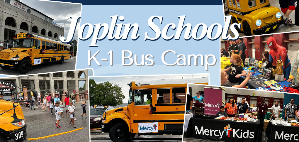 A collage of images showcasing Joplin Schools K-1 Bus Camp, featuring school buses, children, and event booths.