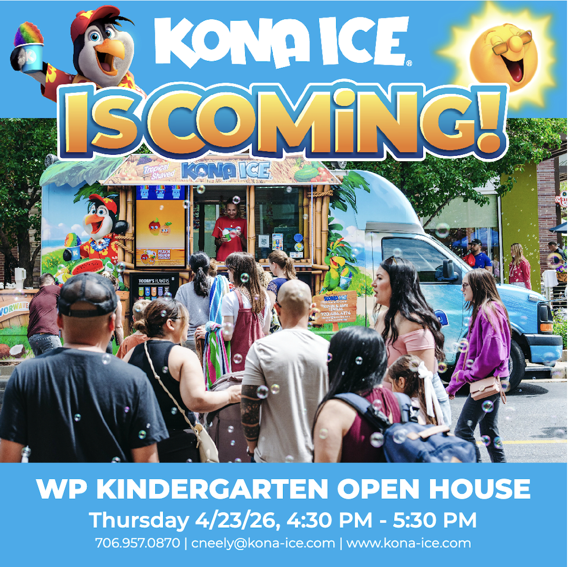 A Kona Ice truck is parked, serving customers with a line of people waiting. The text announces 'Kona Ice is Coming!' and 'WP Kindergarten Open House'.