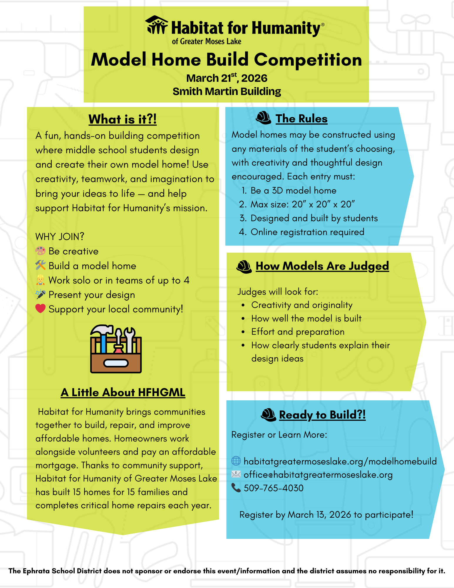 Poster for the Habitat for Humanity Model Home Build Competition on March 21st, 2026.