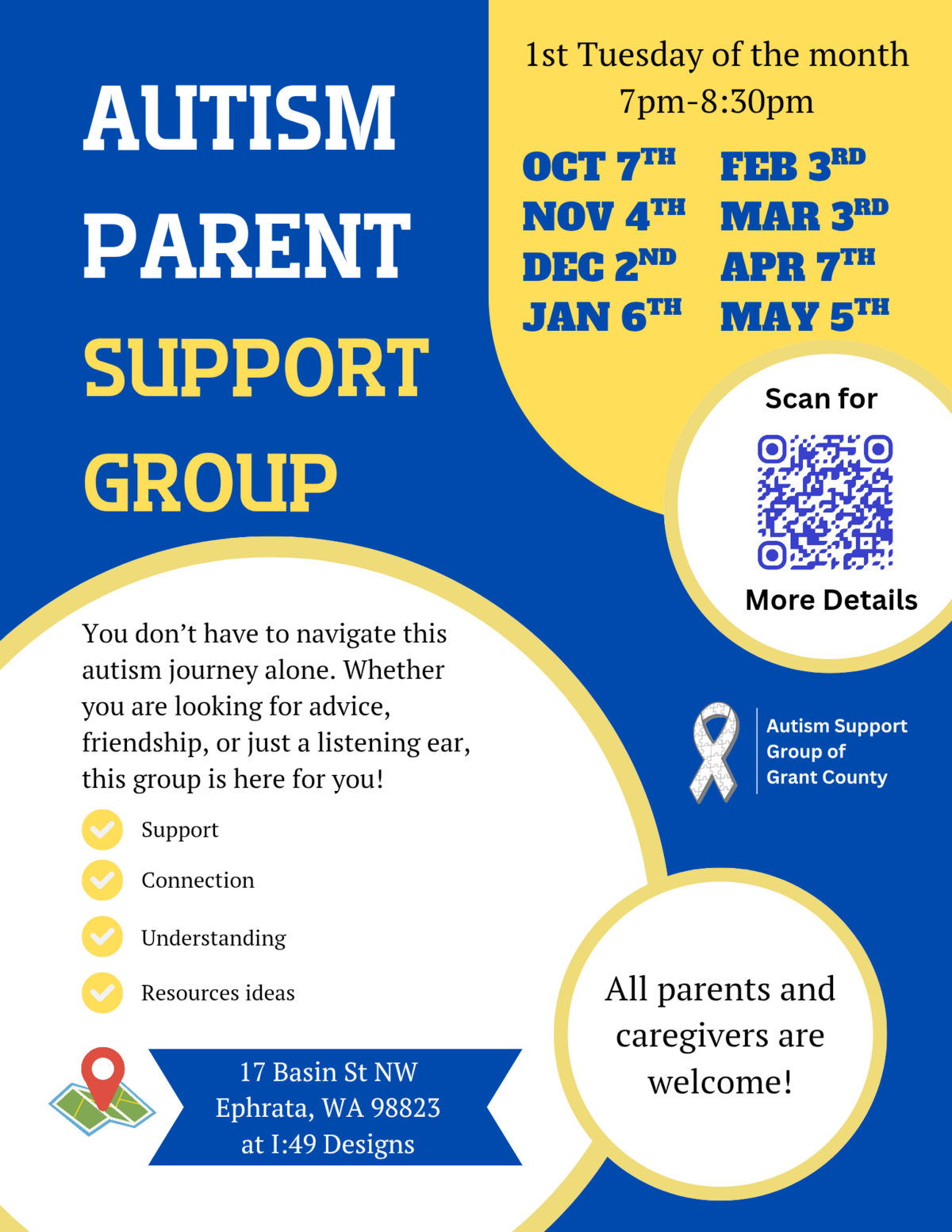 Autism Parent Support Group flyer with meeting dates and location.