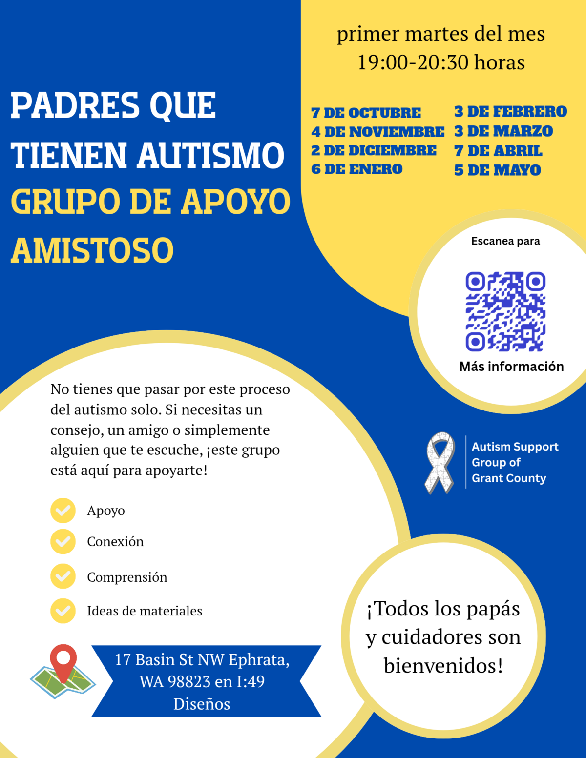 Poster for a friendly support group for parents with autism, offering advice and connection.