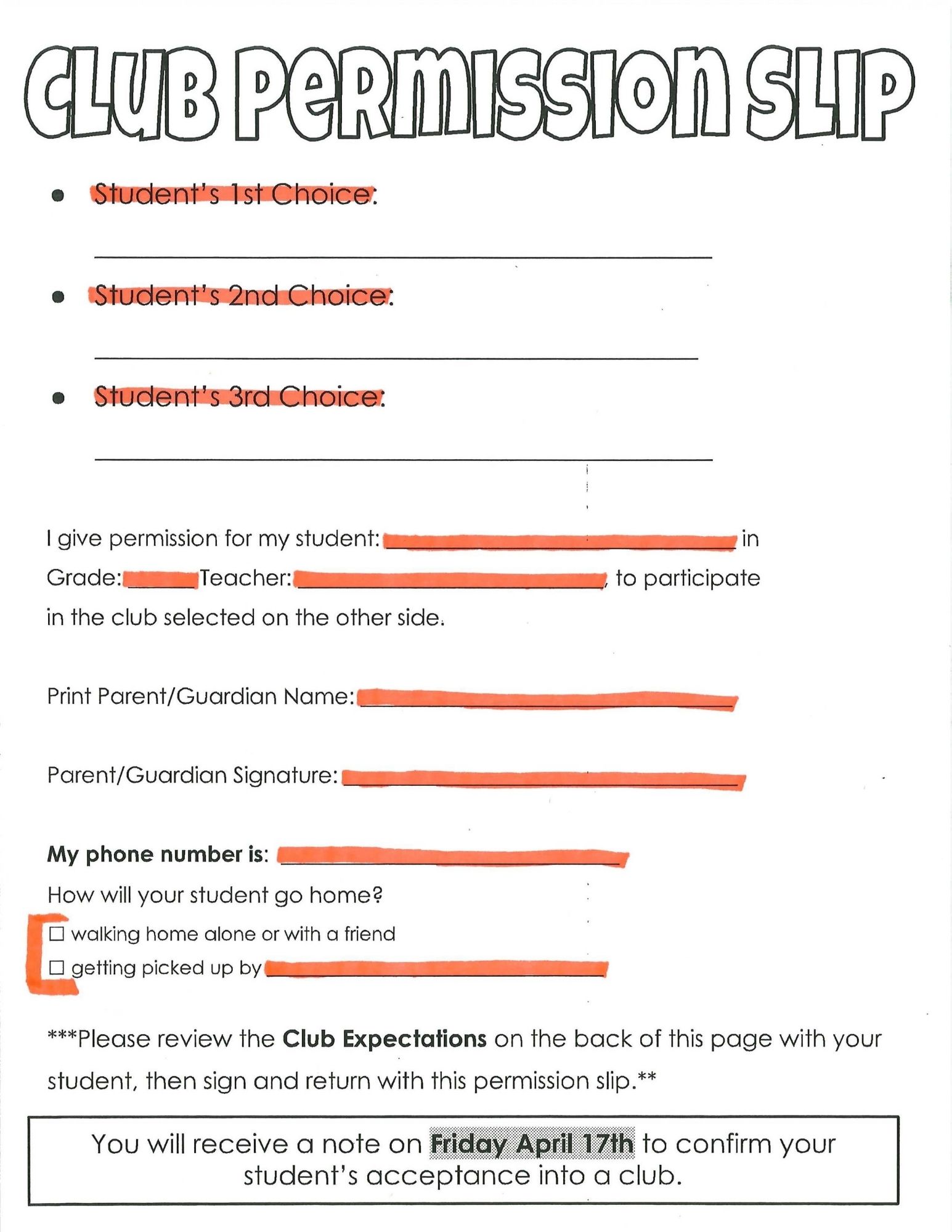 A 'CLUB PERMISSION SLIP' form with fields for student's club choices, parent/guardian information, and transportation.