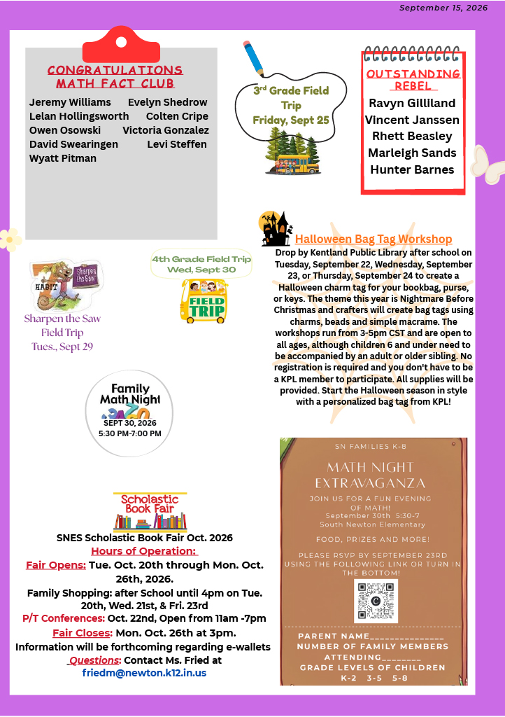 A school newsletter with pink border announces upcoming student achievements, field trips, and events.