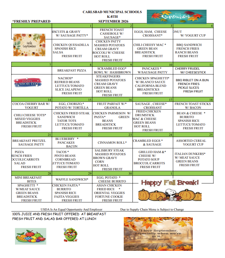 September Lunch Menu