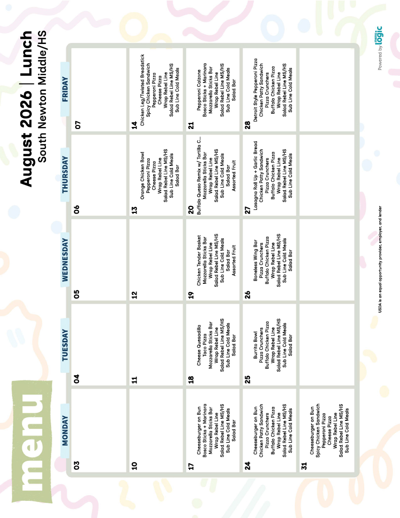 August 2026 lunch menu for South Newton Middle/HS, showing daily meal options.