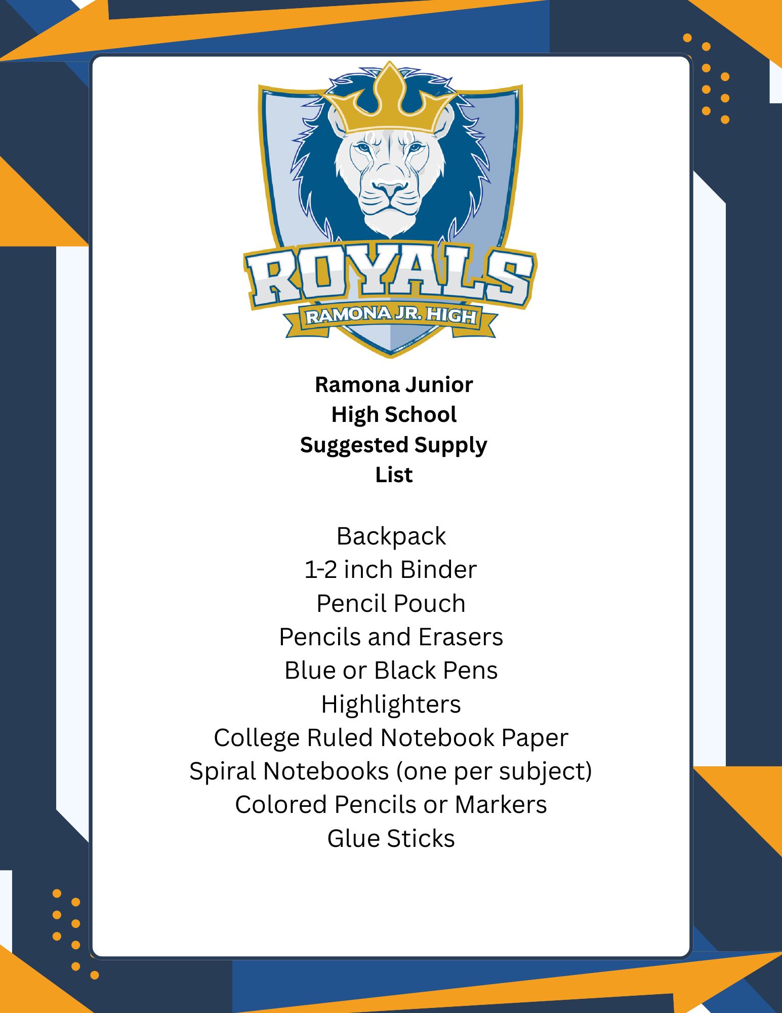 Ramona Junior High School Suggested School Supply List