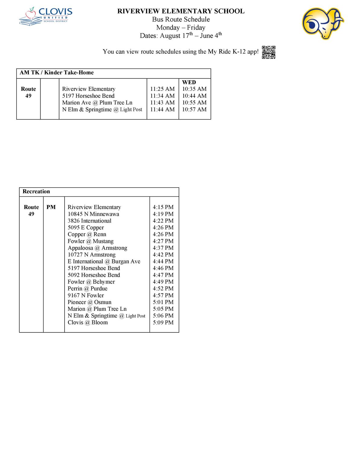 Riverview Elementary School bus route schedule for Monday-Friday, August 17th - June 4th.