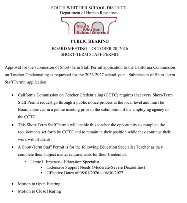 Notice of Public Hearings - Variable Term Waiver & Short Term Staff Permit