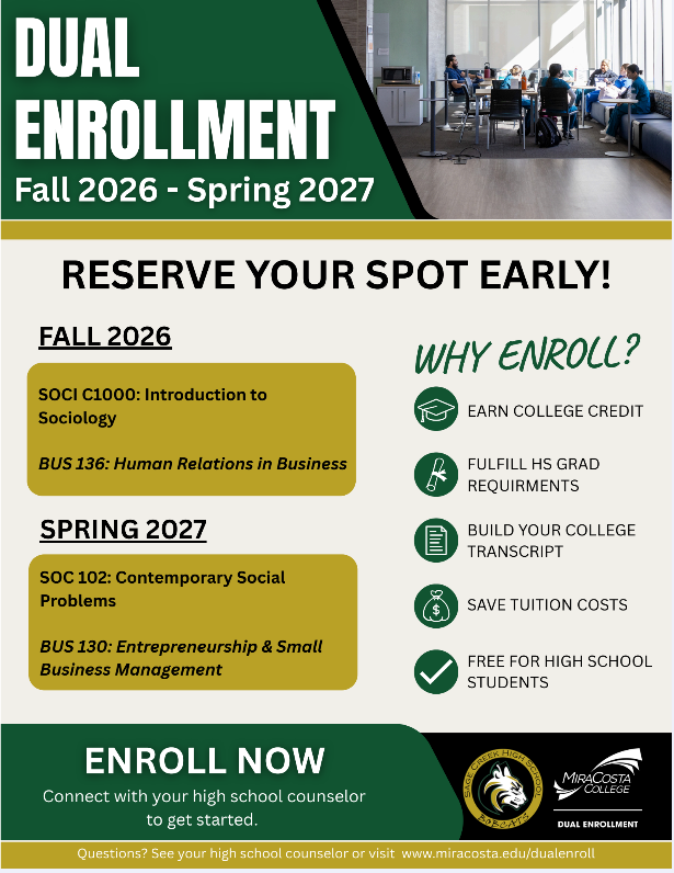 MiraCosta/Sage Creek Dual Enrollment Opportunities for 2026-2027
