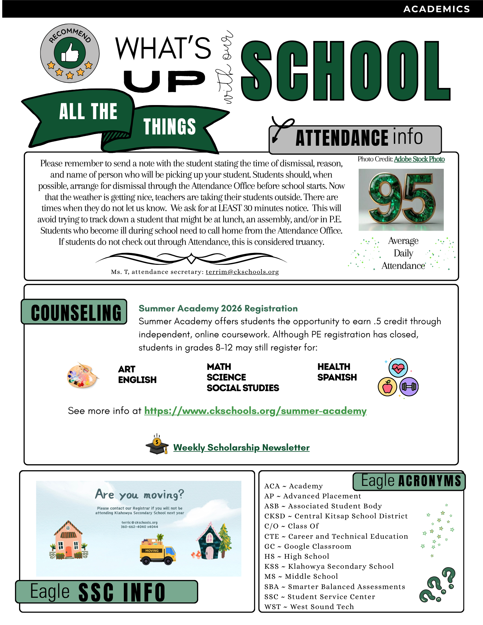 A school newsletter with sections on attendance, counseling, and student information.