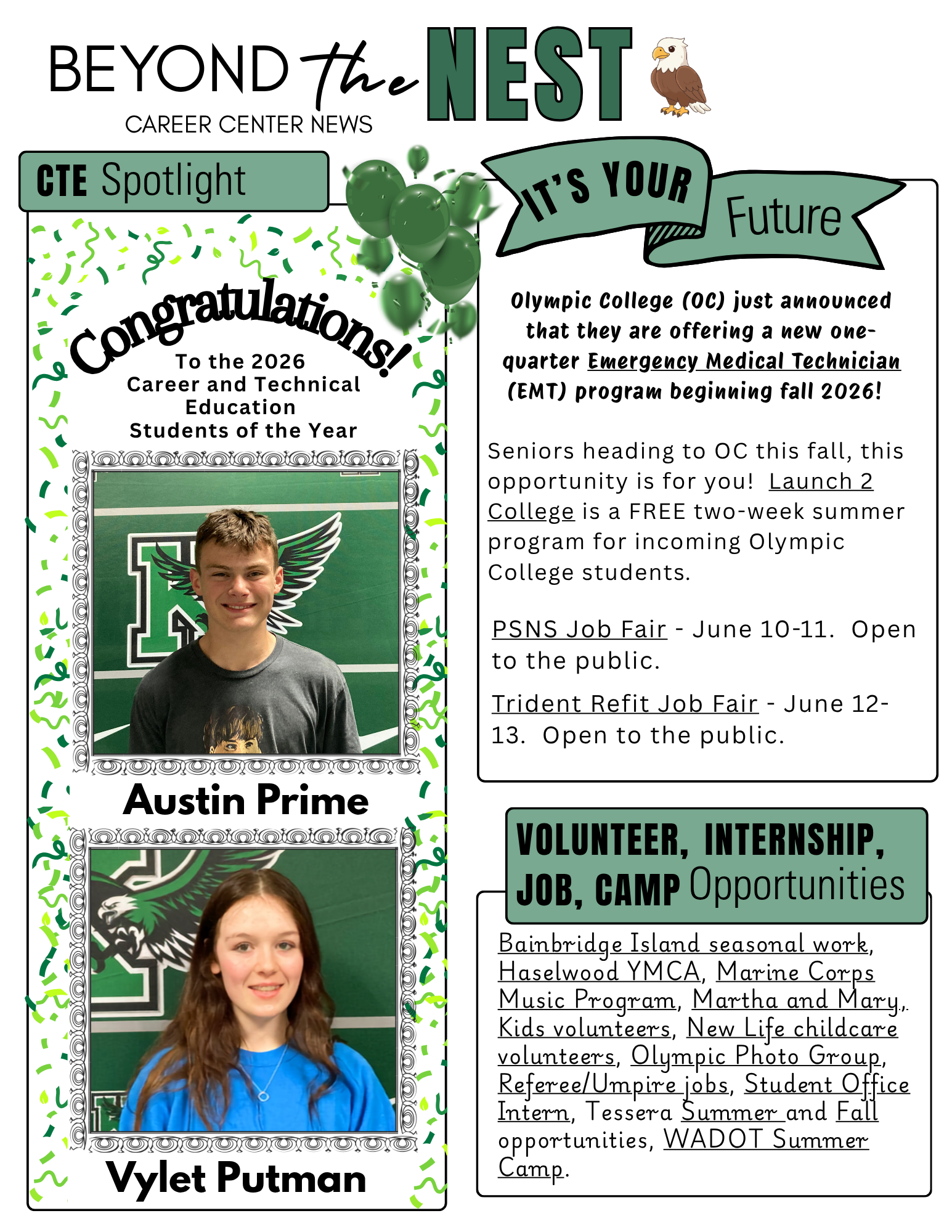 CTE Spotlight announces Austin Prime and Vylet Putman as 2026 Career and Technical Education Students of the Year.