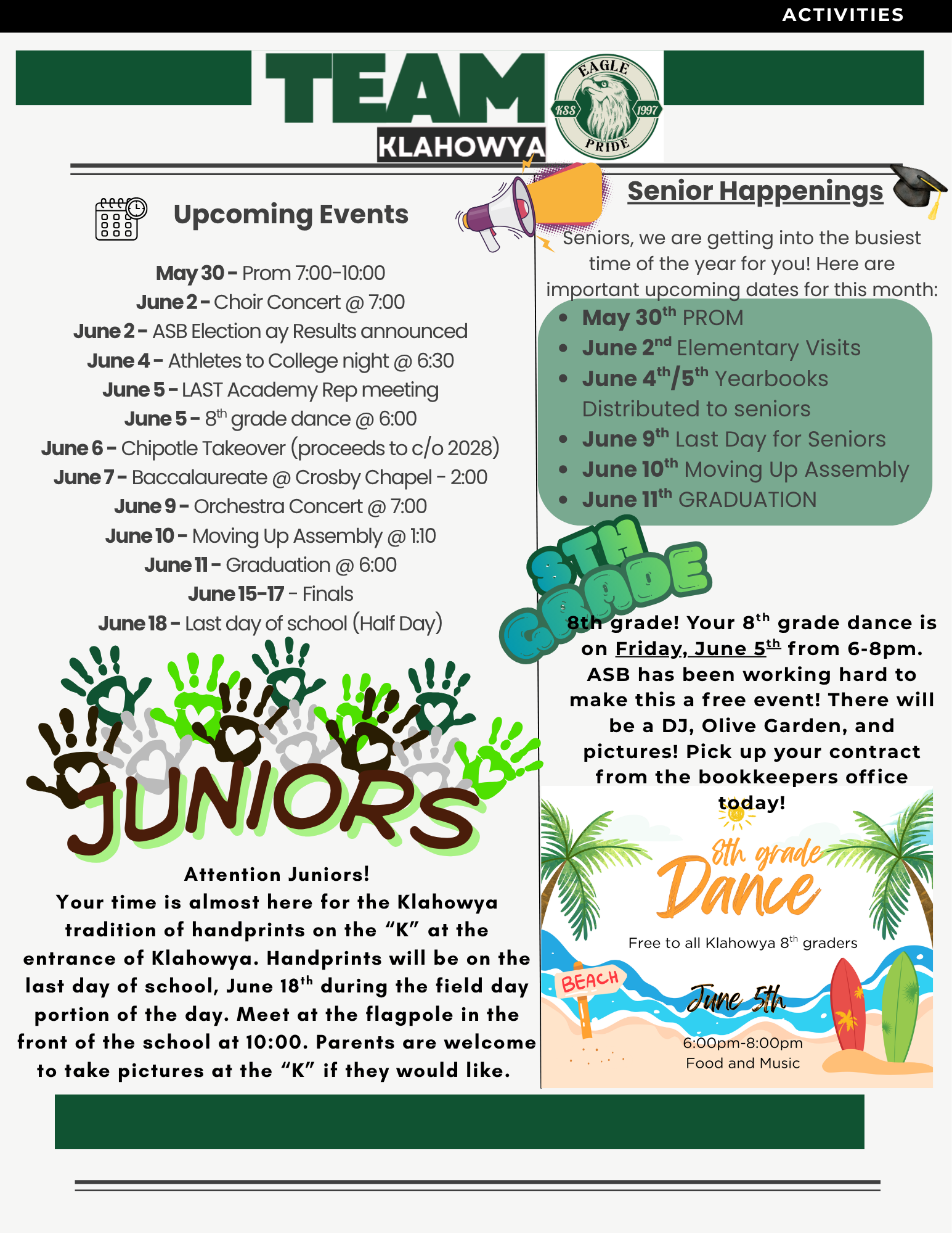 A school newsletter announces upcoming events for students, including prom, choir concerts, and graduation.