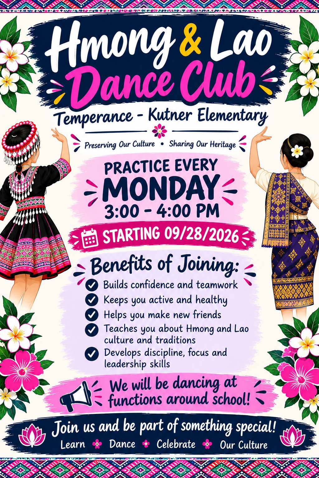 Hmong & Lao Dance starts Monday September 28th. If you are in 4th-6th grade, come dance with us! 