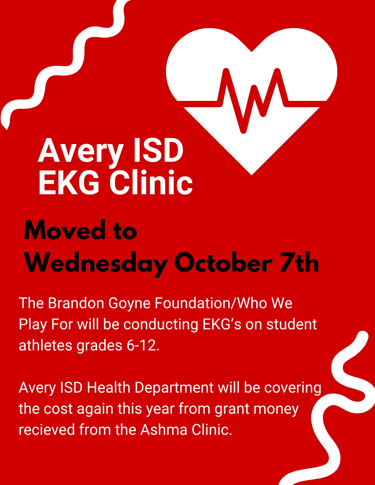 EKG Clinic has been moved to October 7th