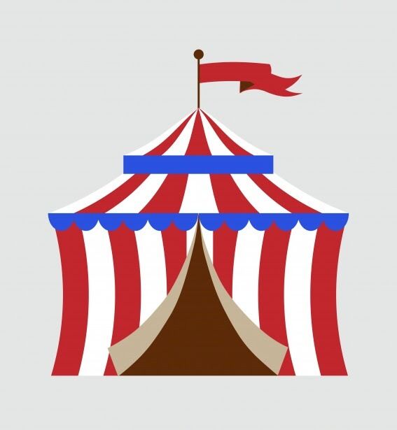 A red and white striped circus tent with a blue trim and a red flag on top.