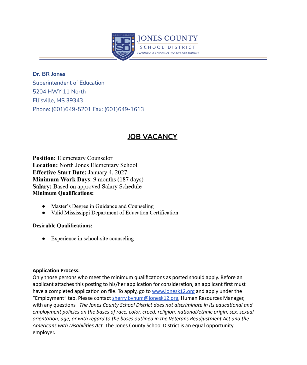 Counselor Opening at North Jones Elementary 