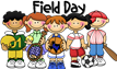 Five diverse cartoon children stand together, holding various sports equipment, with 'Field Day' text above.
