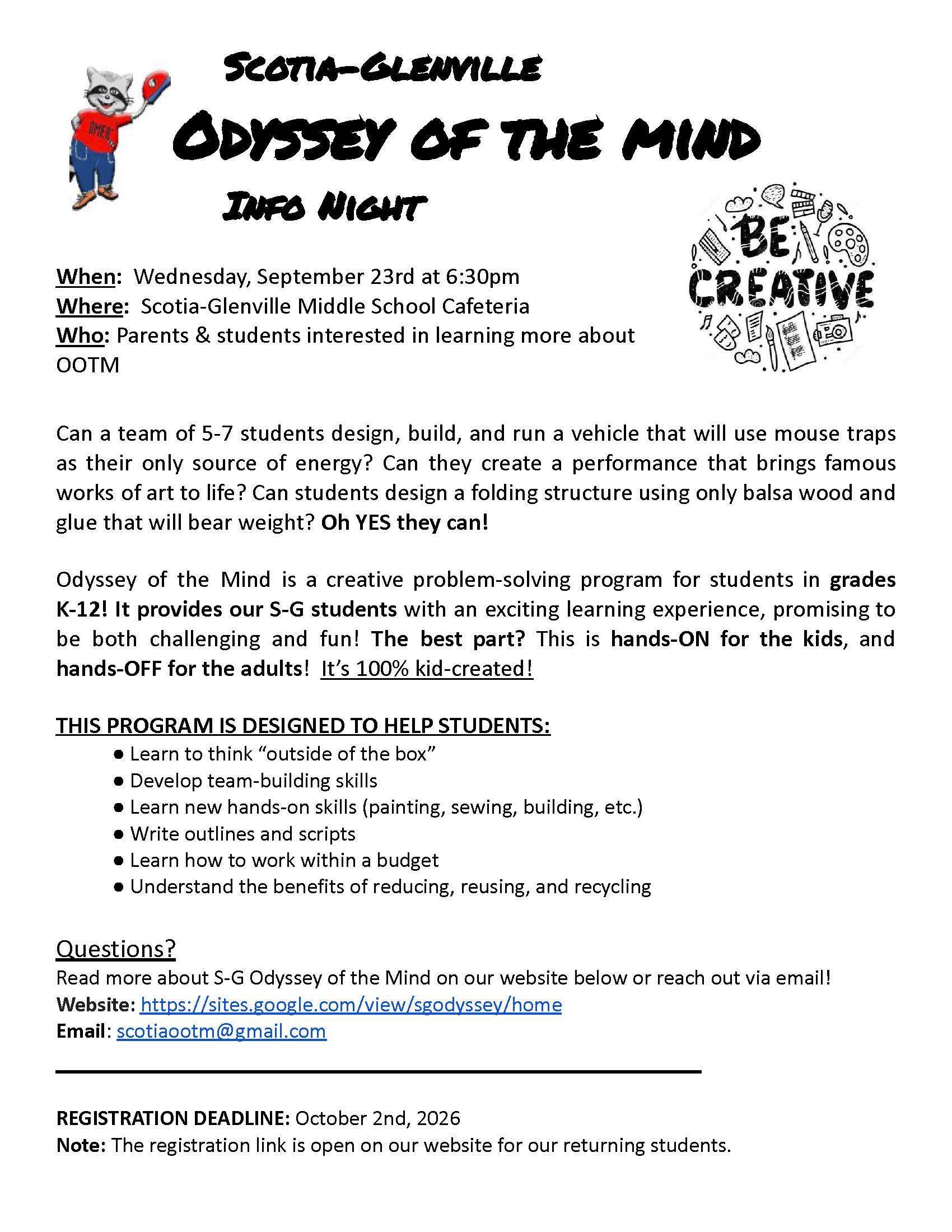 SG Odyssey of the Mind Info Night: Sept 23
