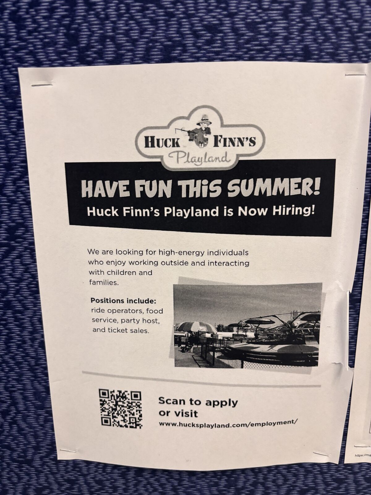 Huck Finn's Playland is hiring for summer positions, seeking energetic individuals to work with children and families.