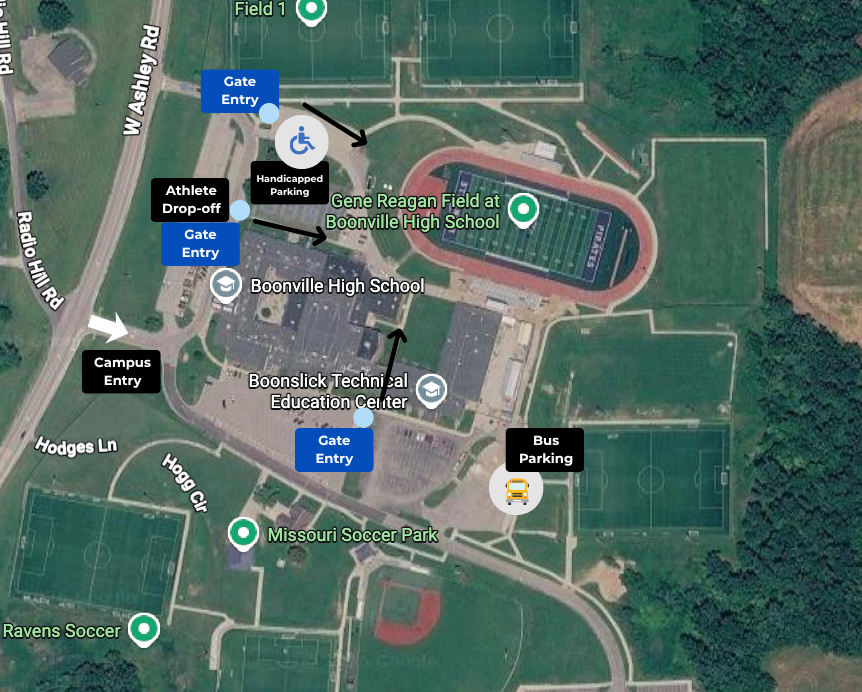 An overhead map of Boonville High School and Gene Reagan Field shows gates, parking areas, and entry points with text labels.