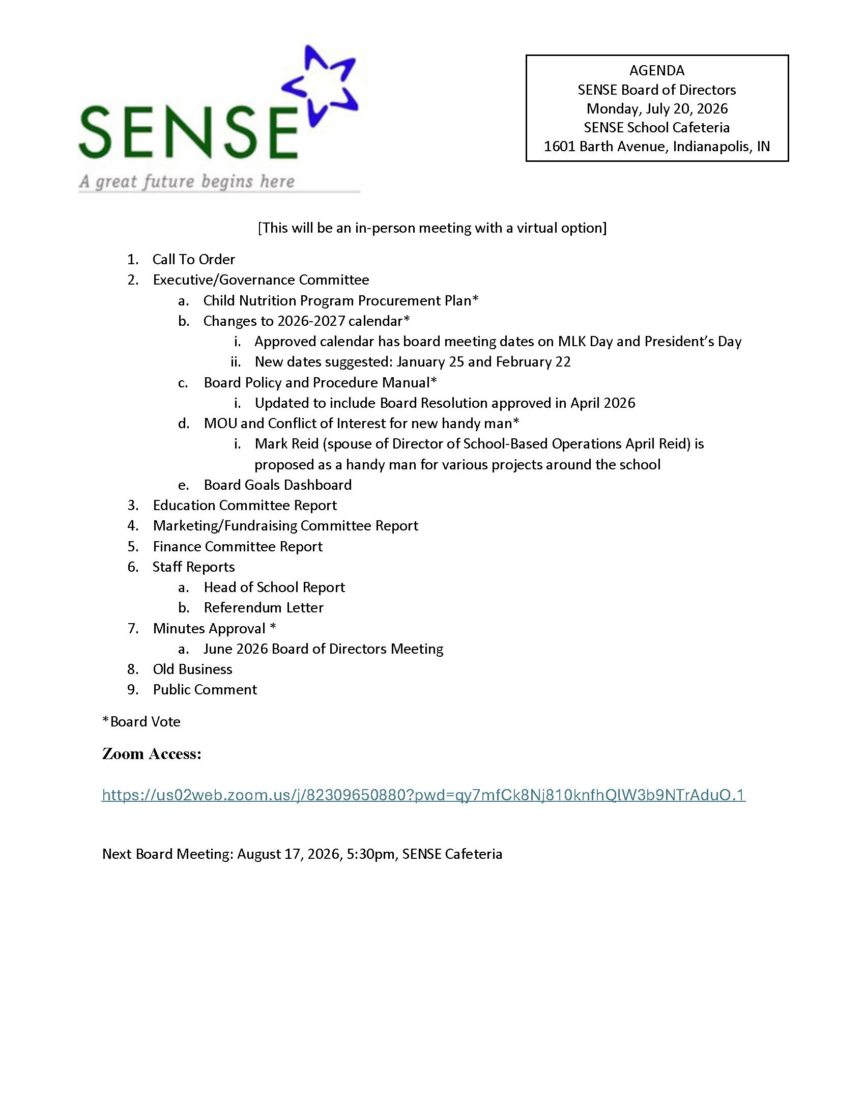 BOARD MEETING AGENDA FOR MONDAY, JULY 20TH