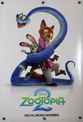 Zootopia 2 movie poster - A blue snake coils around a fox and a rabbit, characters from Zootopia 2.