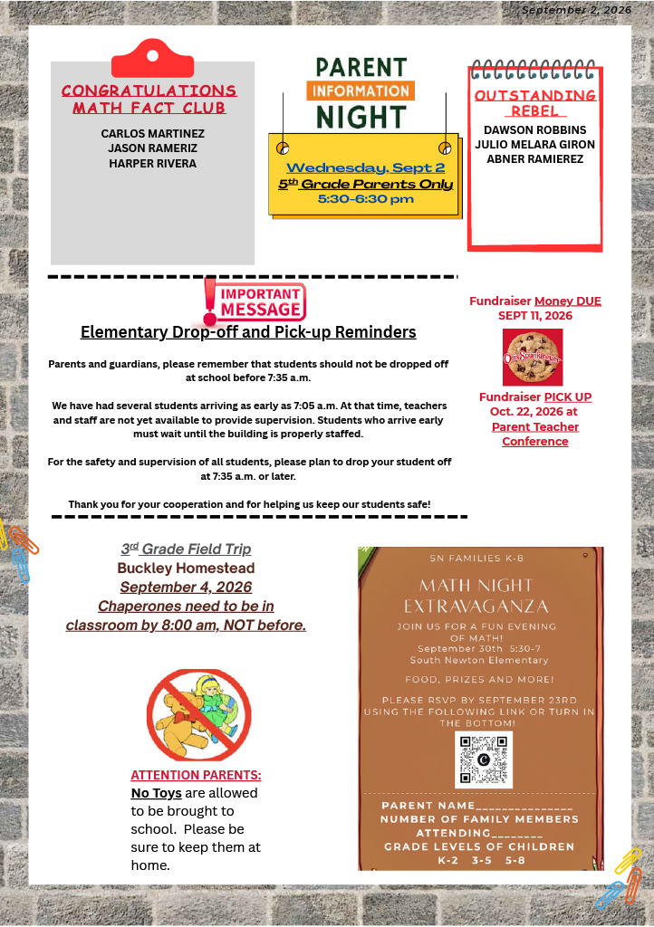 A school newsletter dated September 2, 2026, containing announcements, reminders, and upcoming event dates.