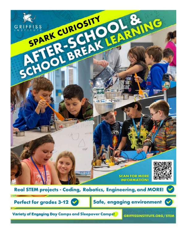 Collage of children engaged in STEM activities, promoting after-school and school break learning at Griffiss Institute.