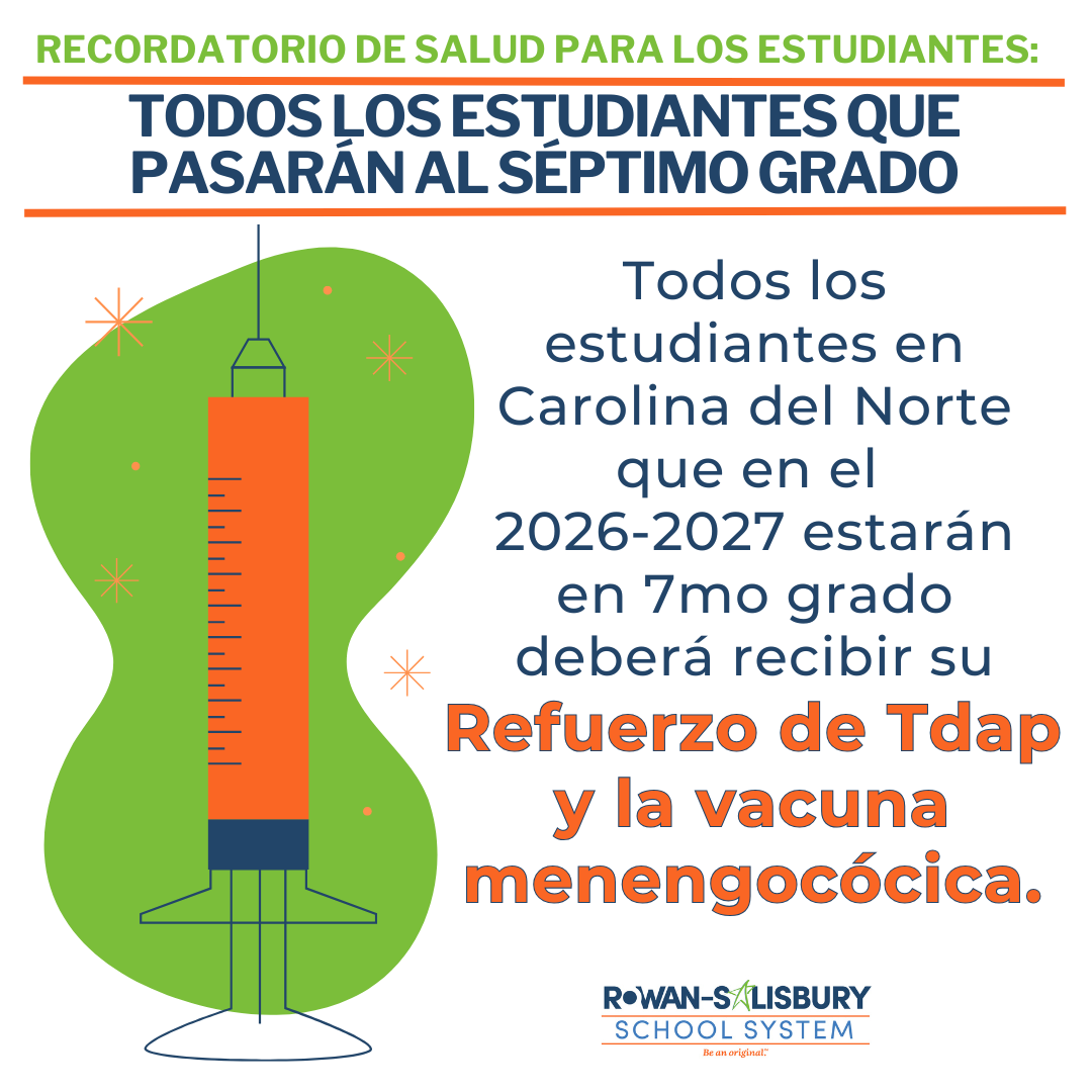 A graphic with a large orange syringe and text in Spanish about student health requirements.