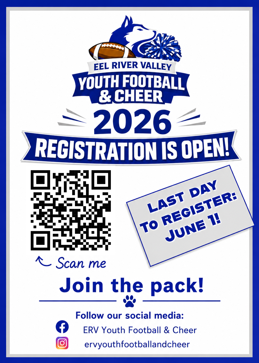 Eel River Valley Youth Football & Cheer 2026 registration is open, with the last day to register being June 1st.