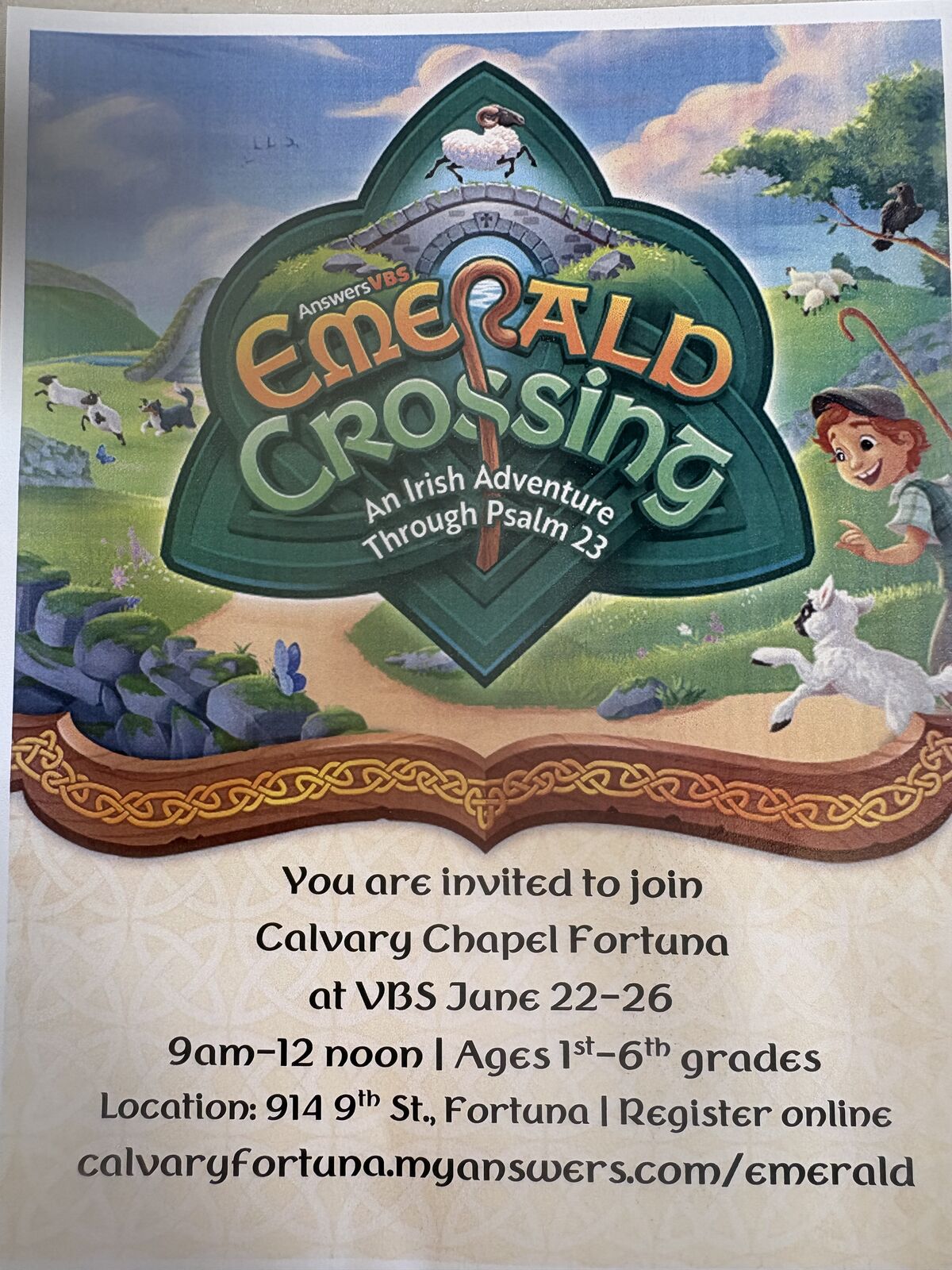 An invitation to 'Emerald Crossing,' an Irish Adventure VBS at Calvary Chapel Fortuna, June 22-26.