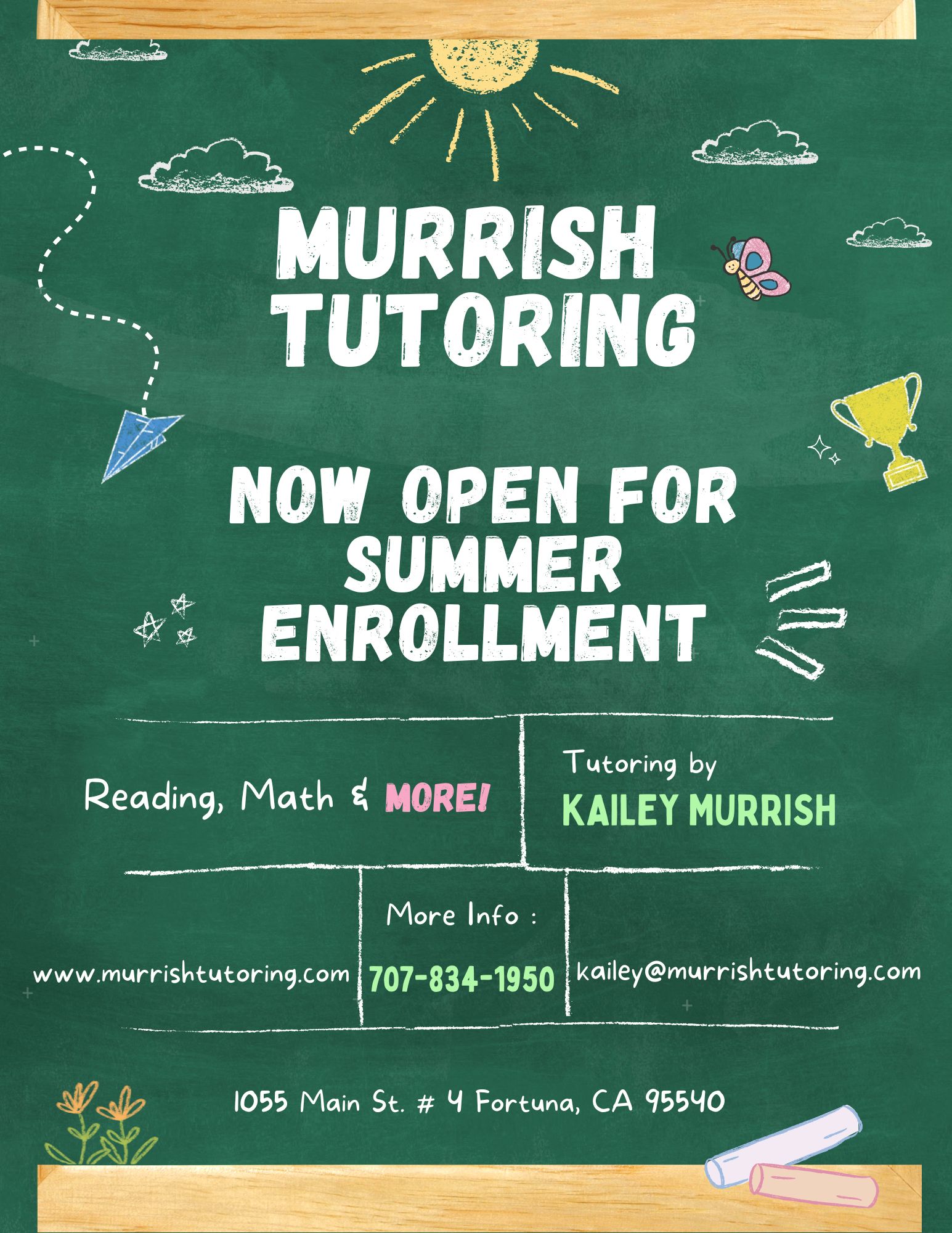 A chalkboard-style advertisement for Murrish Tutoring, announcing summer enrollment.