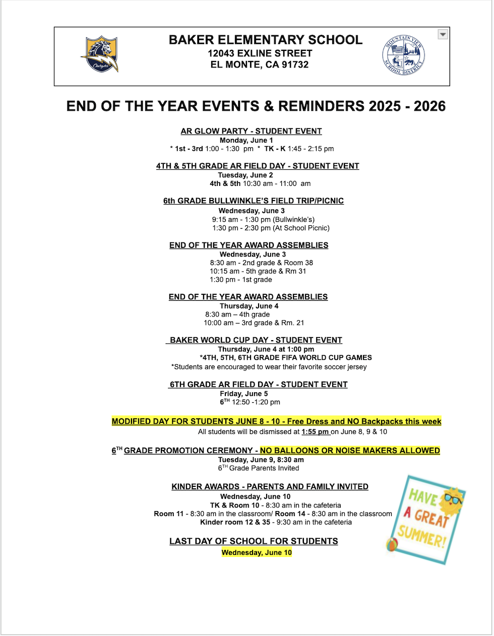 End of the Year Calendar