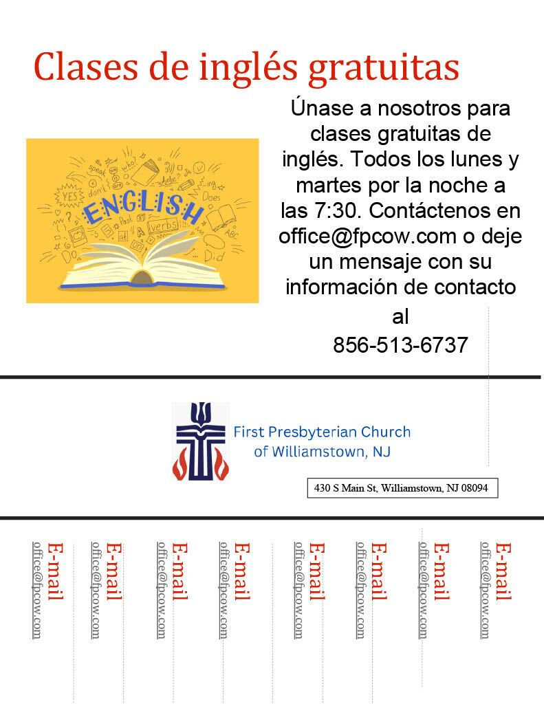 Poster advertising free English classes in Spanish, with an illustration of an open book and English words.