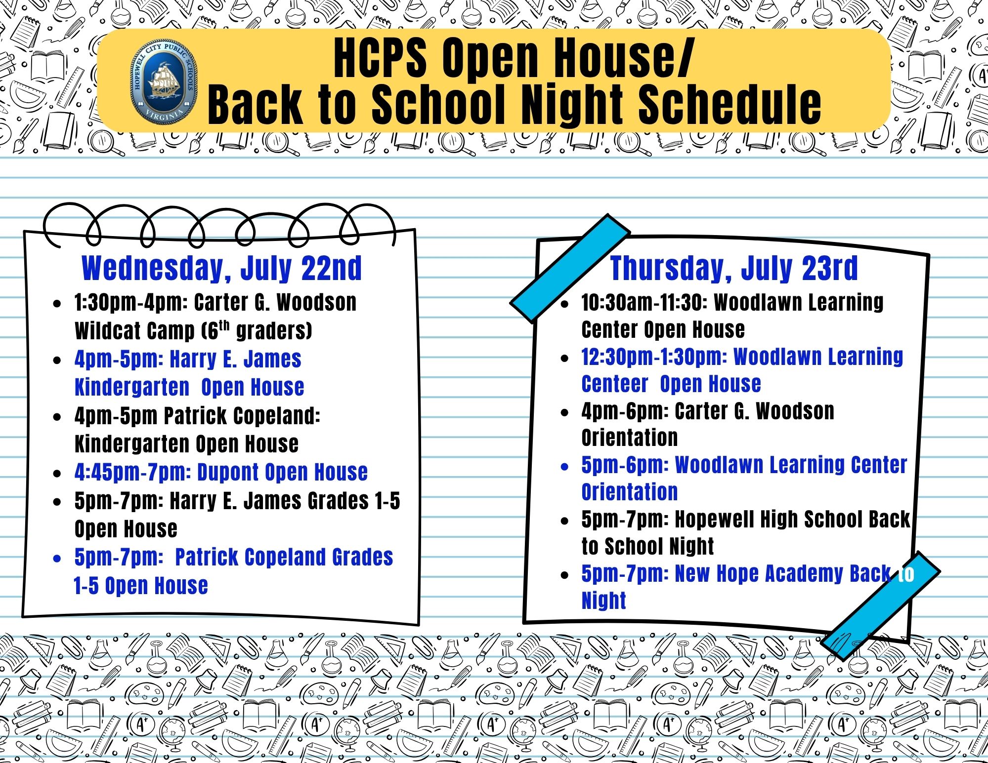 HCPS Open House/ Back to School Night Schedule
