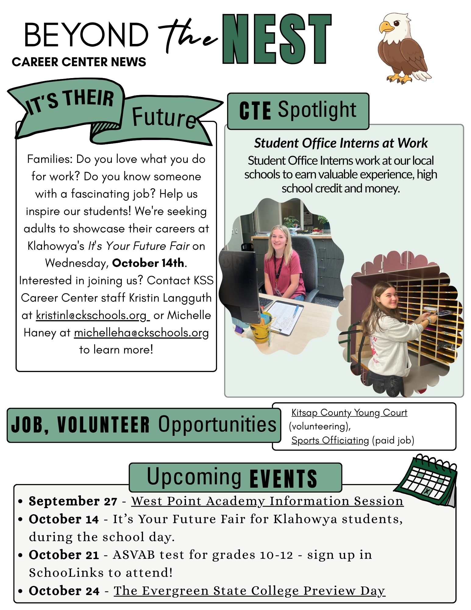 A career center newsletter titled Beyond the Nest features sections on a future fair, a CTE student office intern spotlight, job opportunities, and upcoming events.