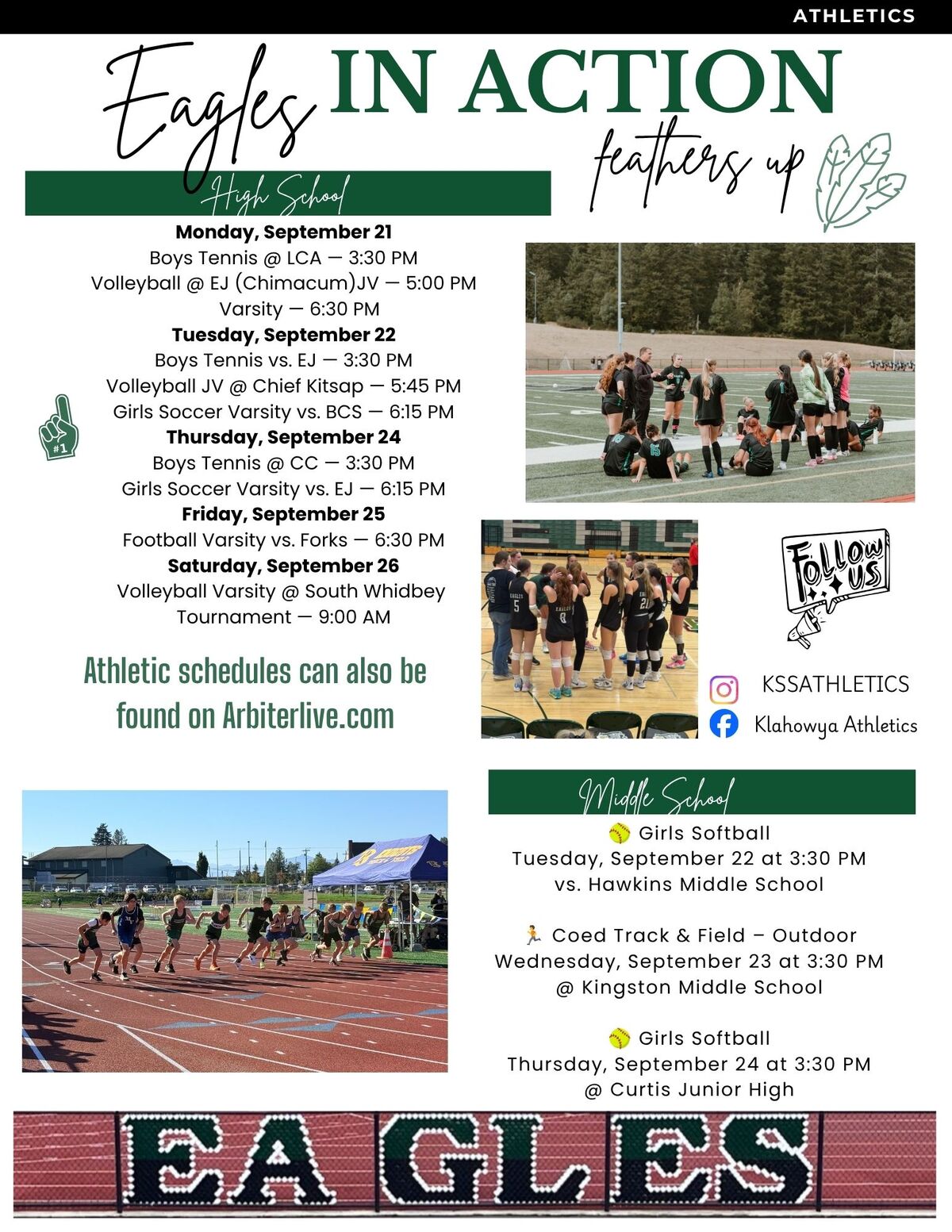 A flyer titled "Eagles in Action" lists high school and middle school athletic schedules for the week of September 21, with photos of students playing soccer, volleyball, and track.