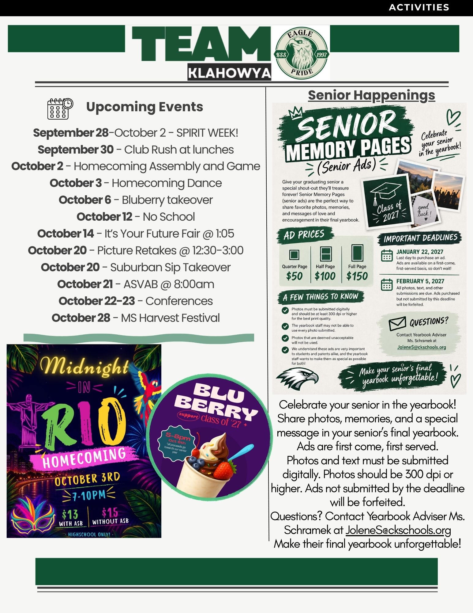 A school newsletter page titled 'TEAM Klahowya Pride' featuring 'Upcoming Events' on the left and 'Senior Happenings' on the right.