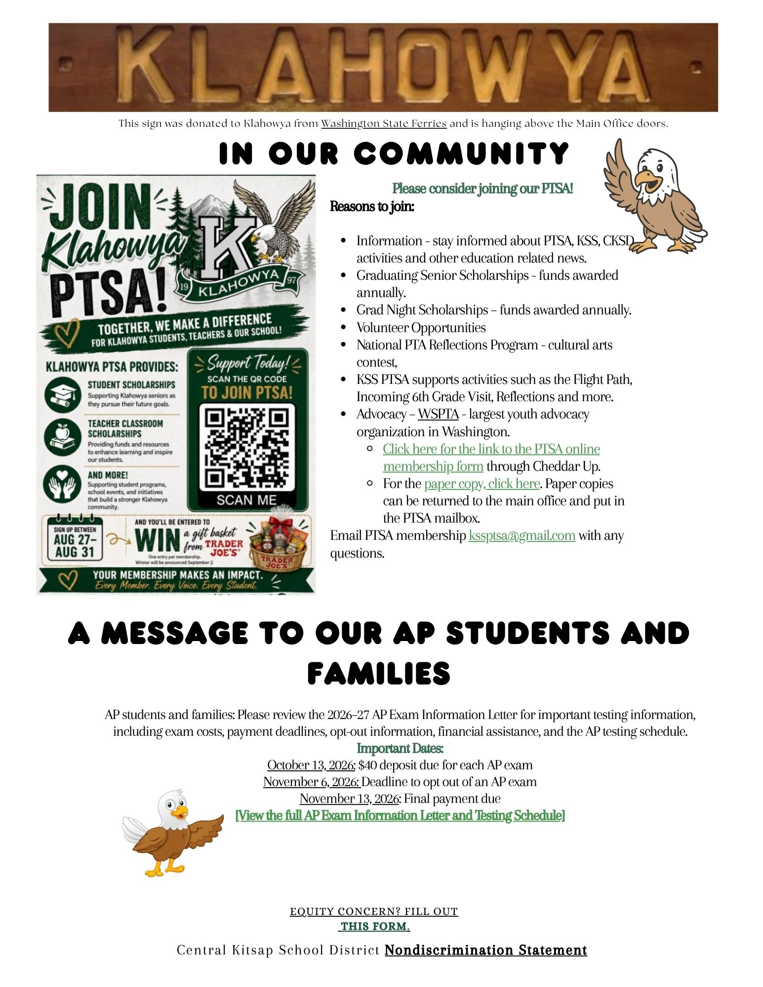 A flyer for Klahowya PTSA with information on joining, scholarships, and a Trader Joe's gift basket giveaway.
