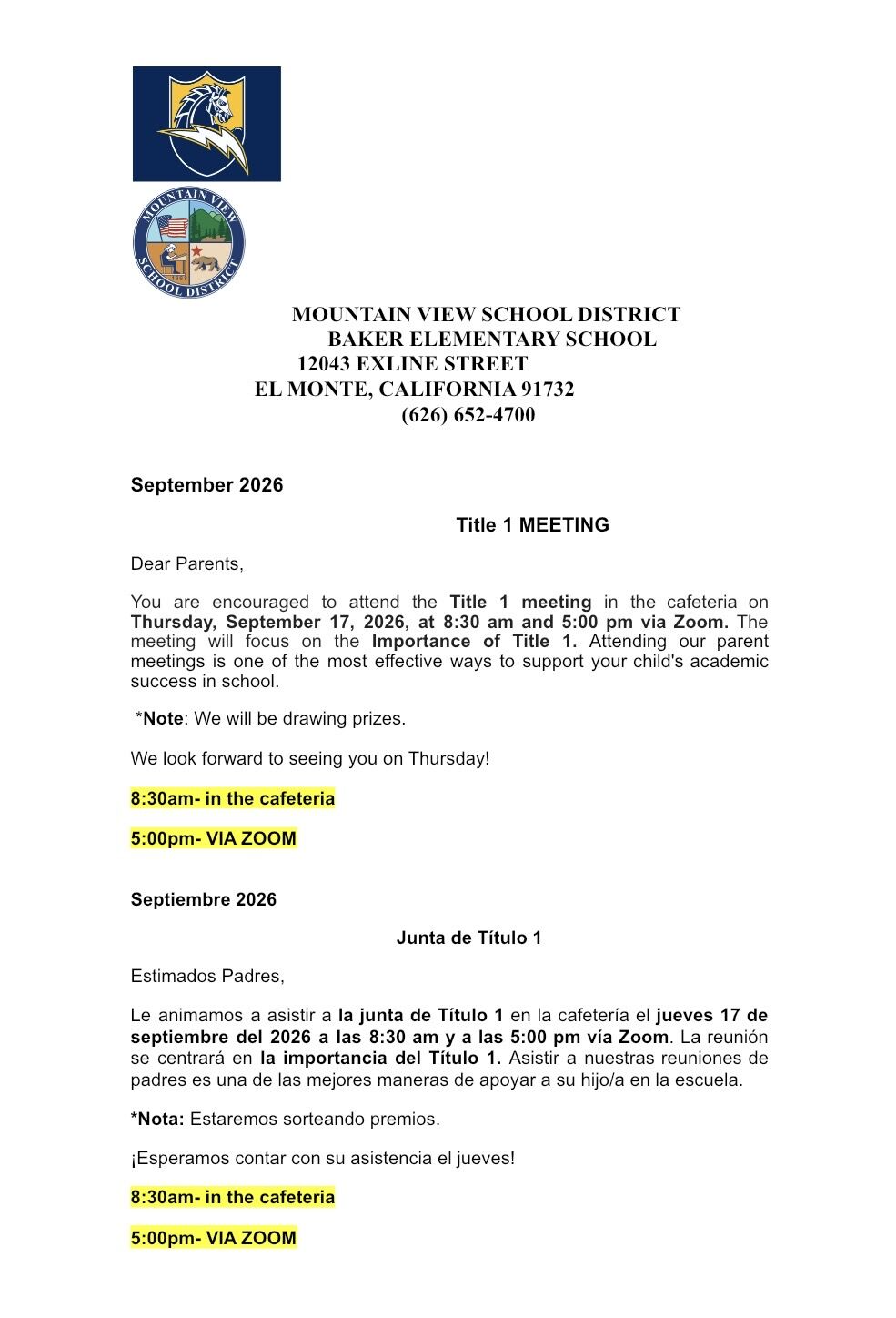 Title 1 Parent Meeting