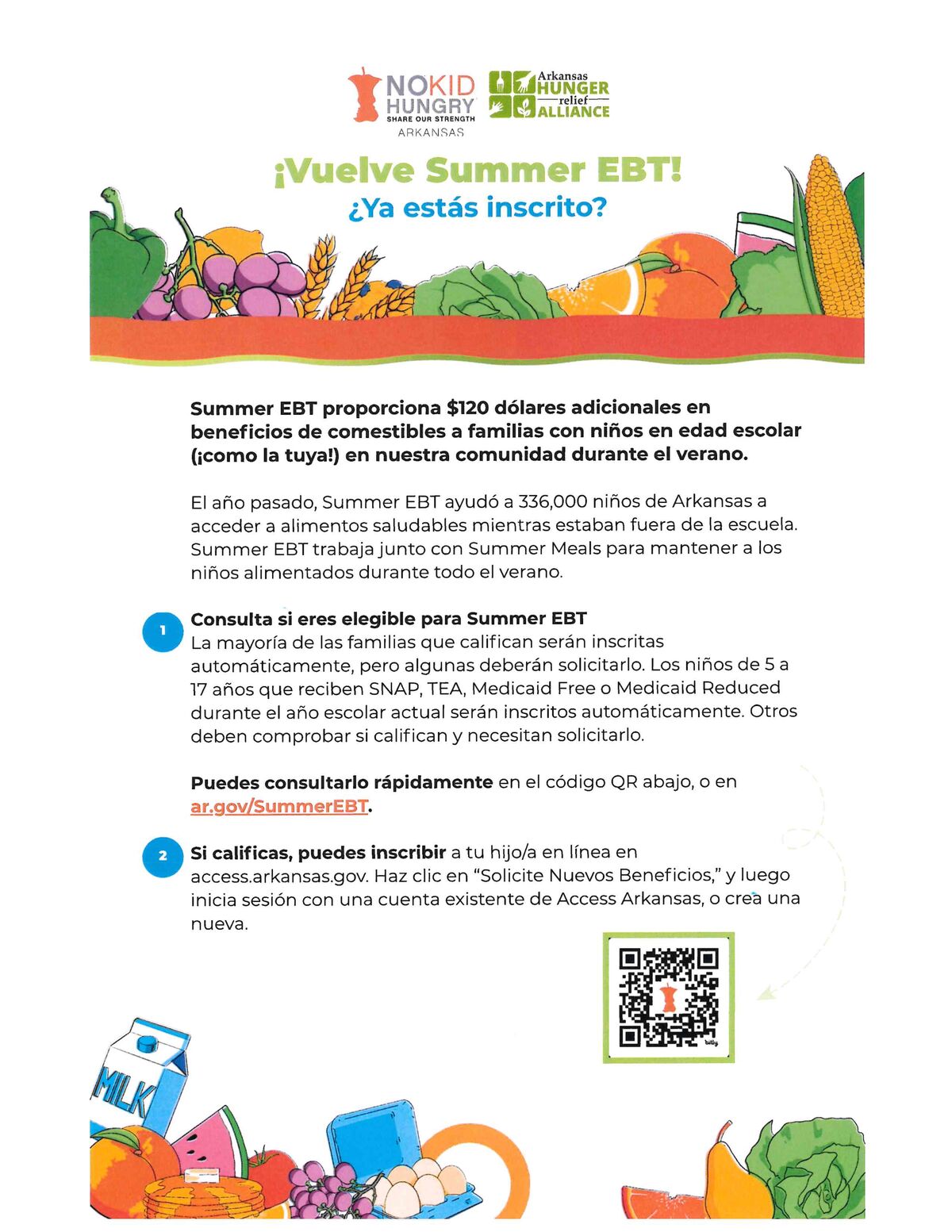 Illustration of fruits, vegetables, and a milk carton, with text about Summer EBT in Spanish.