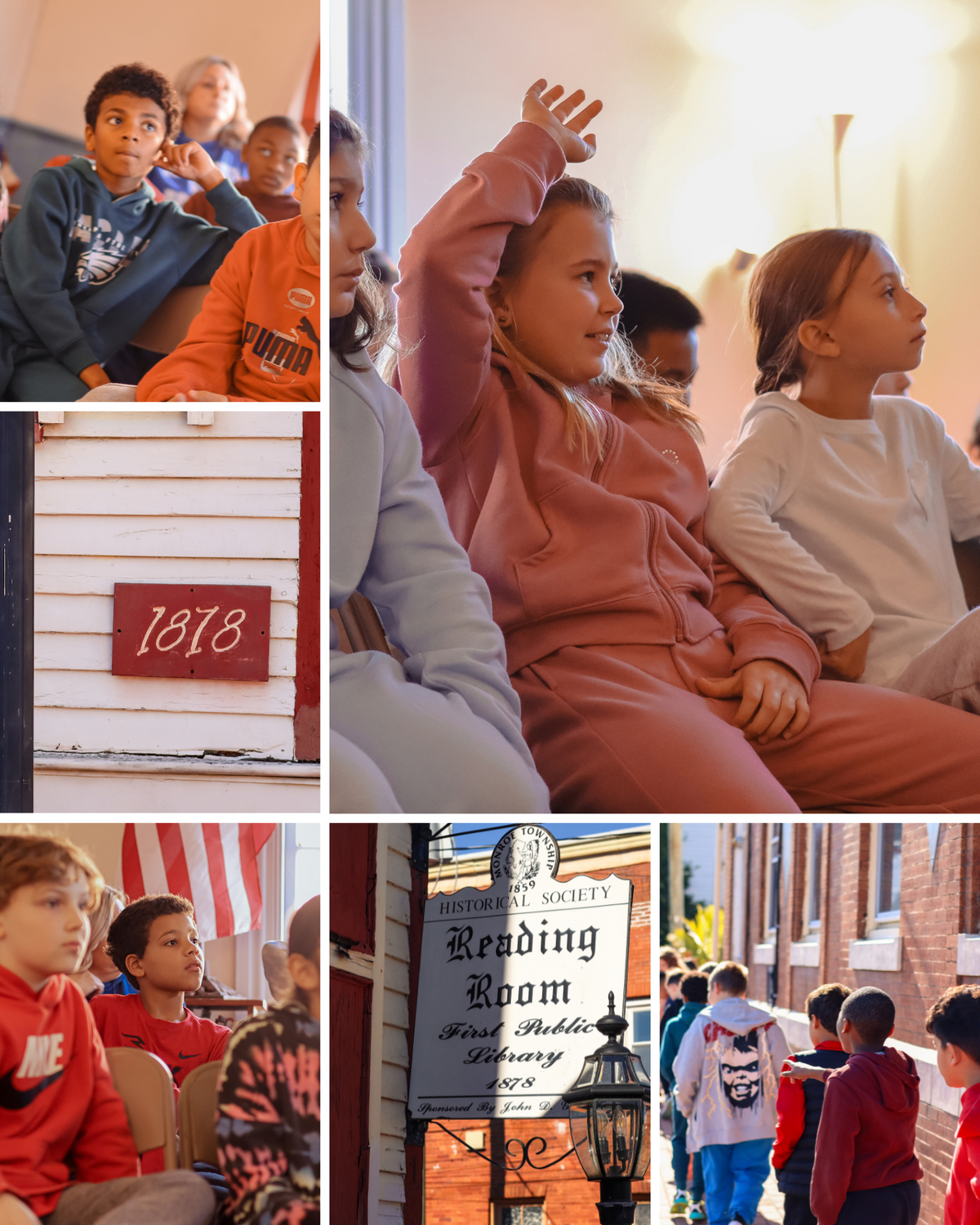 A collage shows children engaged in an educational activity at the Reading Room First Public Library 1878.