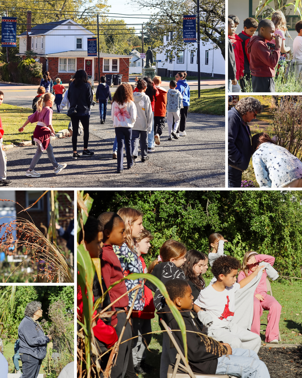 A collage of images shows a diverse group of children and adults enjoying an outdoor field trip together on a sunny day.