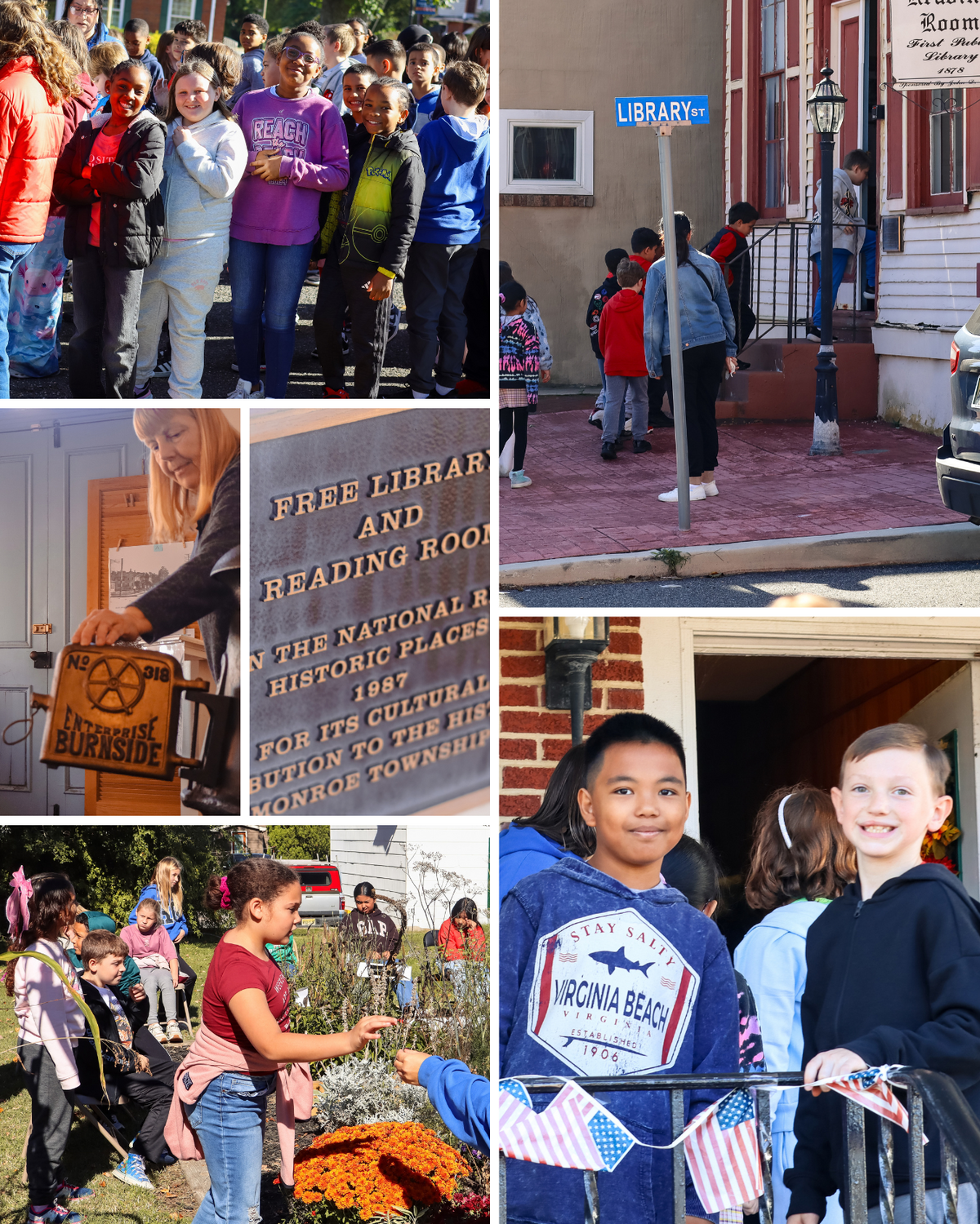 A collage of photos shows children and adults visiting a historic public library building.