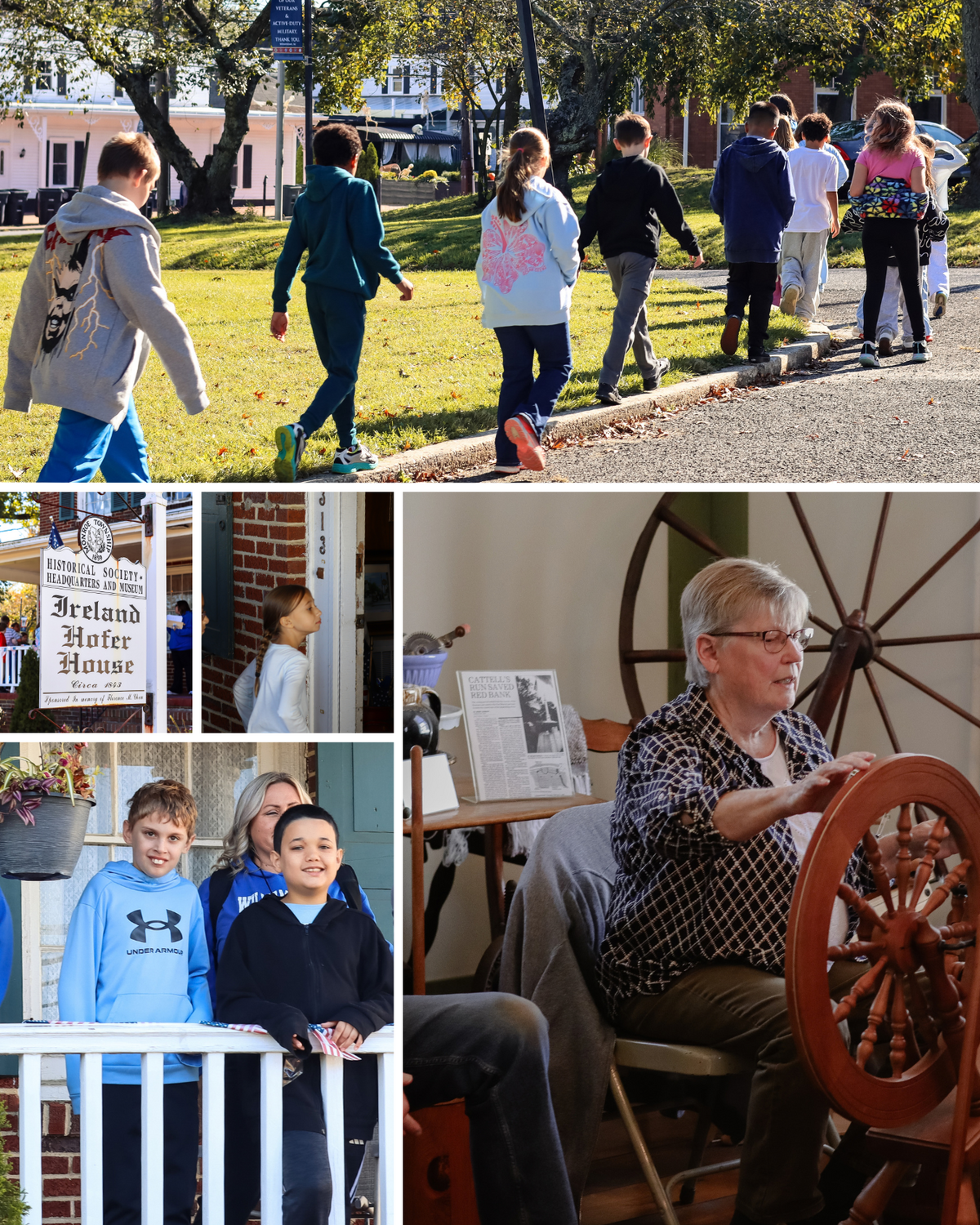A collage shows children walking outside, a young girl looking through a doorway, a smiling family on a porch, and an older woman spinning wool at a wooden wheel.