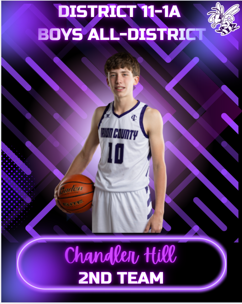 A young male basketball player, Chandler Hill, is recognized as 2nd Team All-District for District 11-1A.