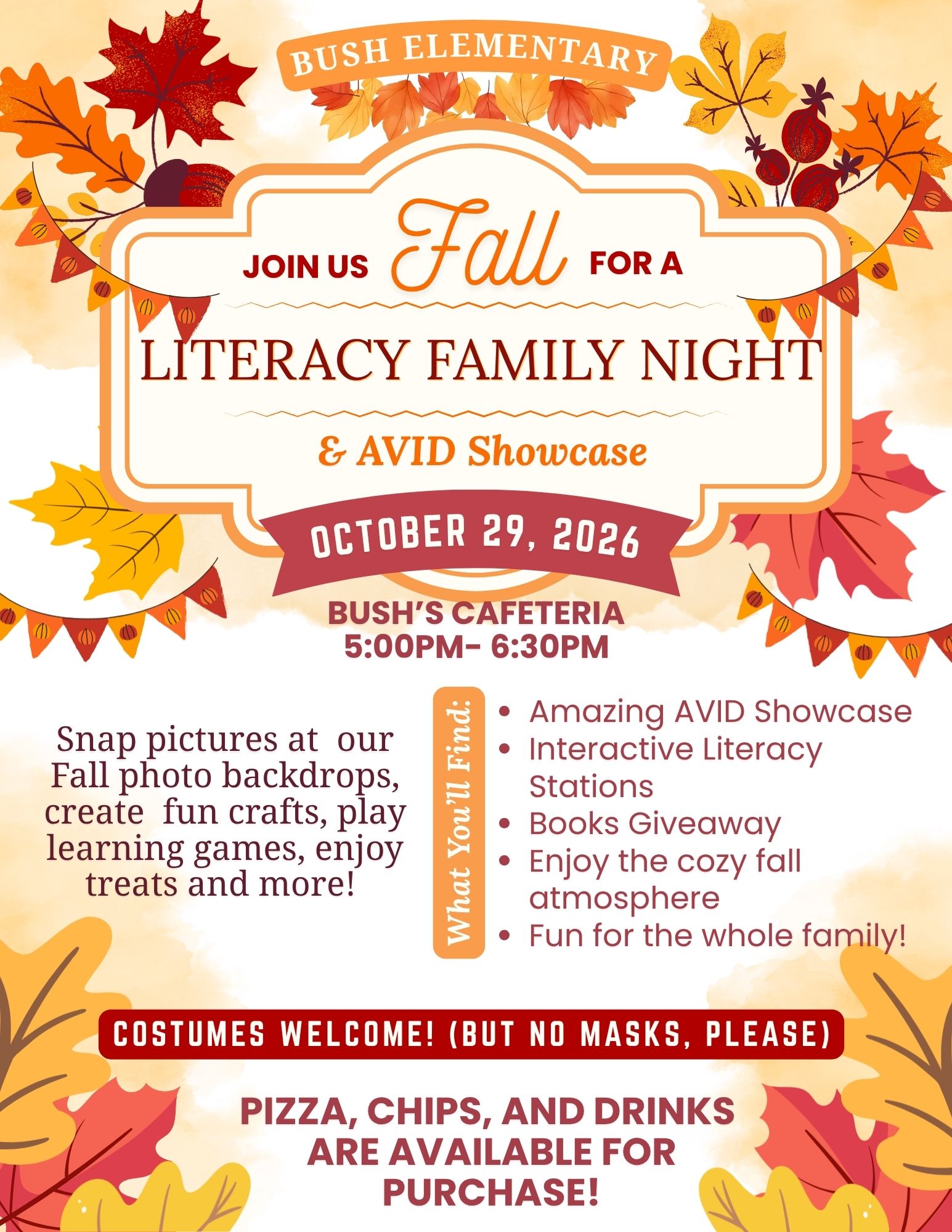A flyer for Bush Elementary's Fall Literacy Family Night and AVID Showcase on October 29, 2026, featuring autumn leaves.