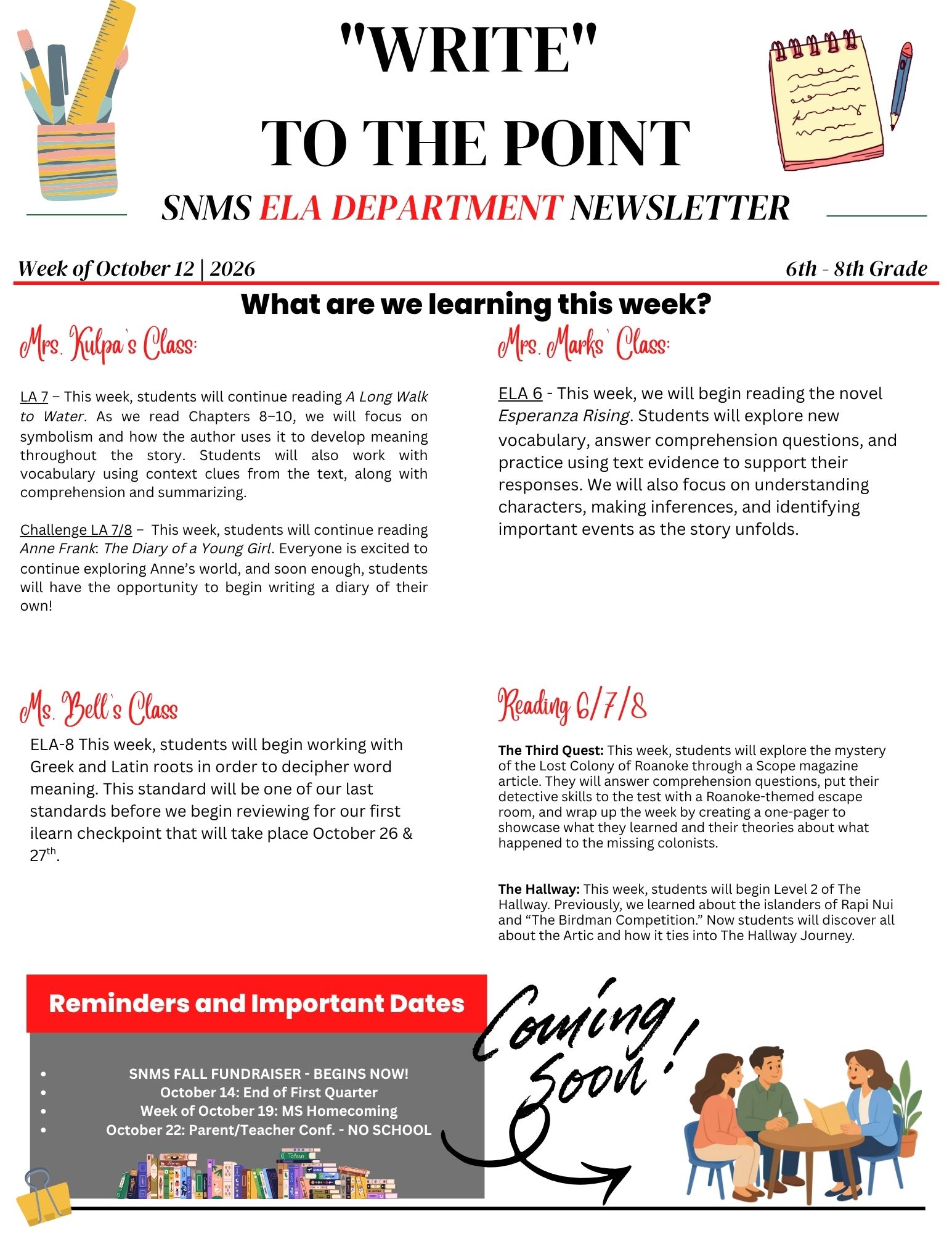 SNMS ELA Newsletter – Week of October 12