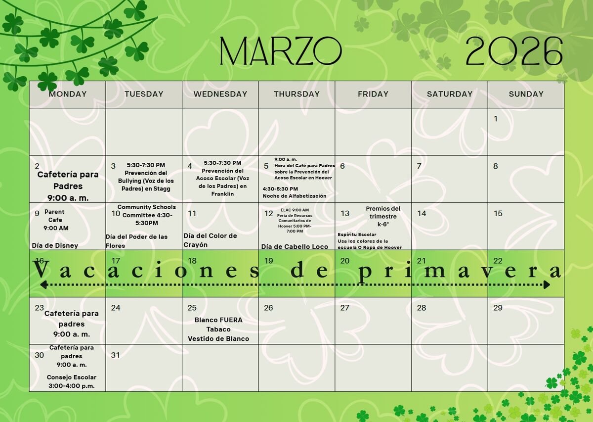 March 2026 calendar with events like "CafeterĂa para Padres" and "Vacaciones de primavera".